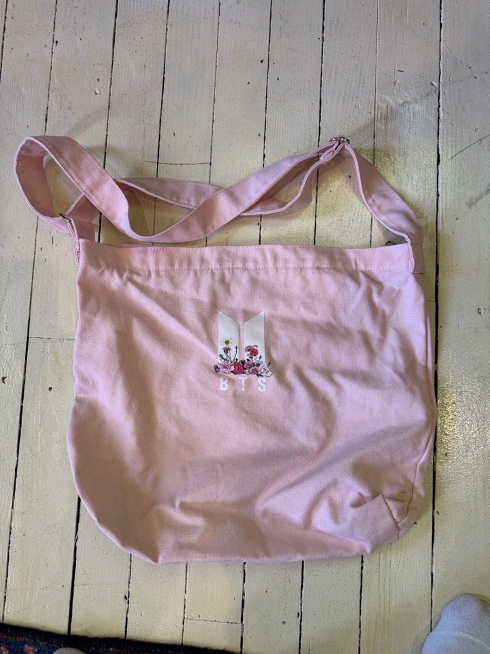 BTS Pink Floral Embroidered Shoulder Tote Bag